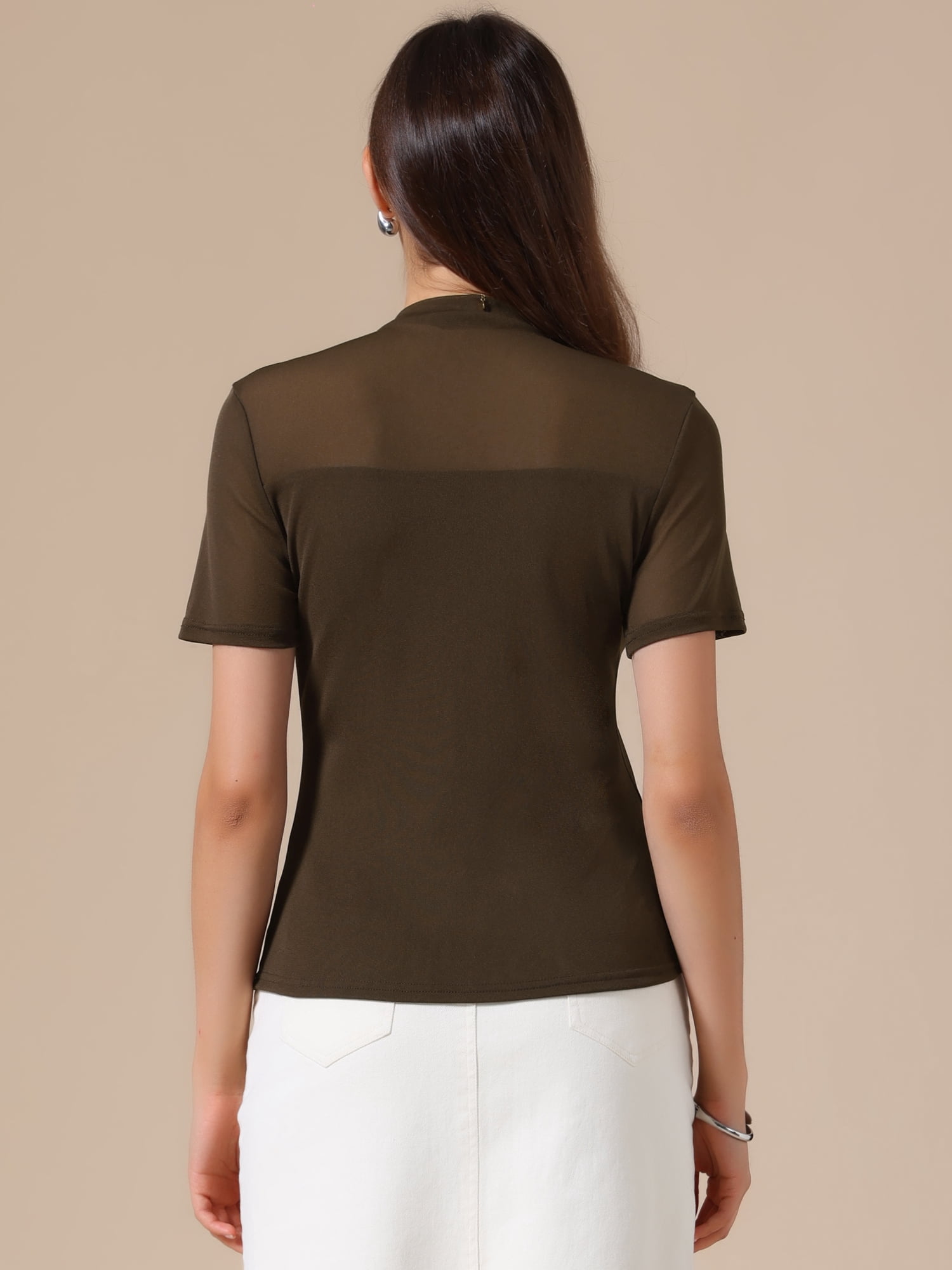 DARING DIVA Women's Mock Turtle Neck Short Sleeve Top Sheer Mesh Shirts L Coffee