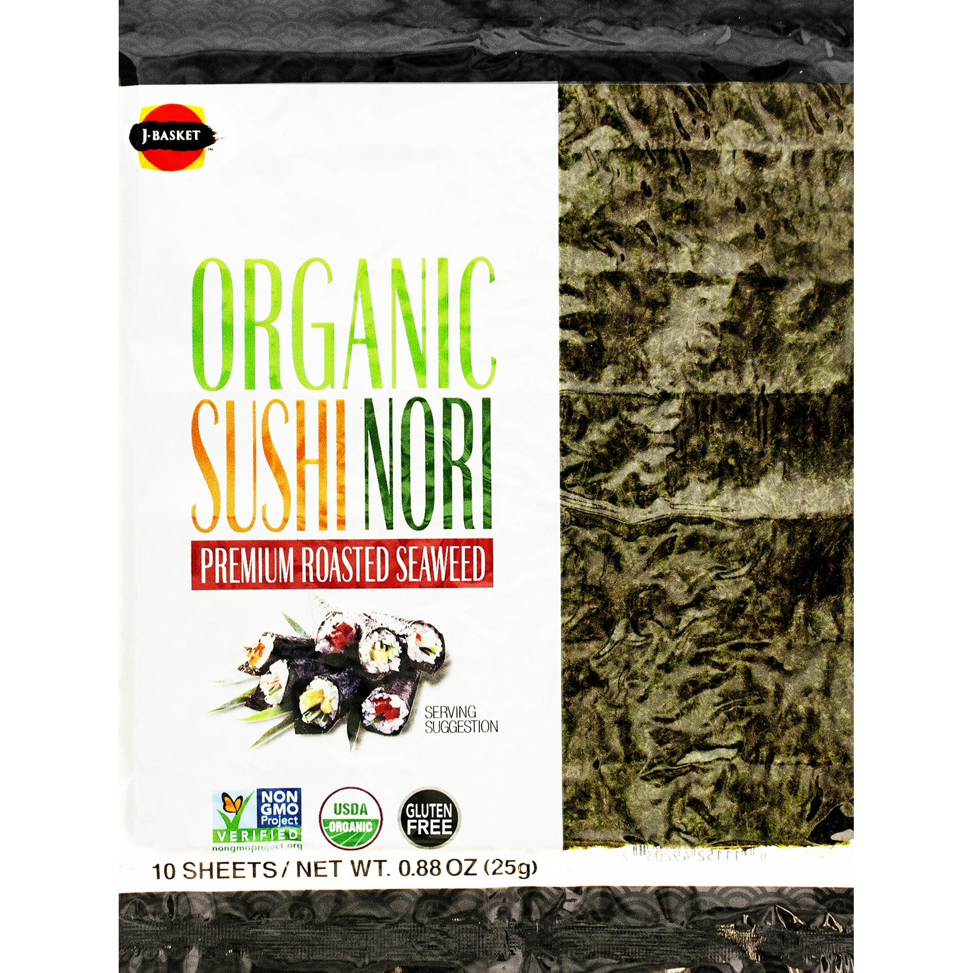 J-Basket, Sushi Nori Seaweed Full Sheet, USDA Organic, Vegan, Non-GMO, Gluten-Free, 10 full sheets per bag, Shelf-Stable, 0.88 oz