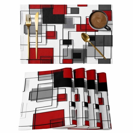 Red Grey Geometric Placemats Set of 8 Cotton Linen Fabric Place Mats Irregular Abstract Art Modern Washable Decorative Table Mats Protector for Home Kitchen Dining Wedding Party Coffee Tables