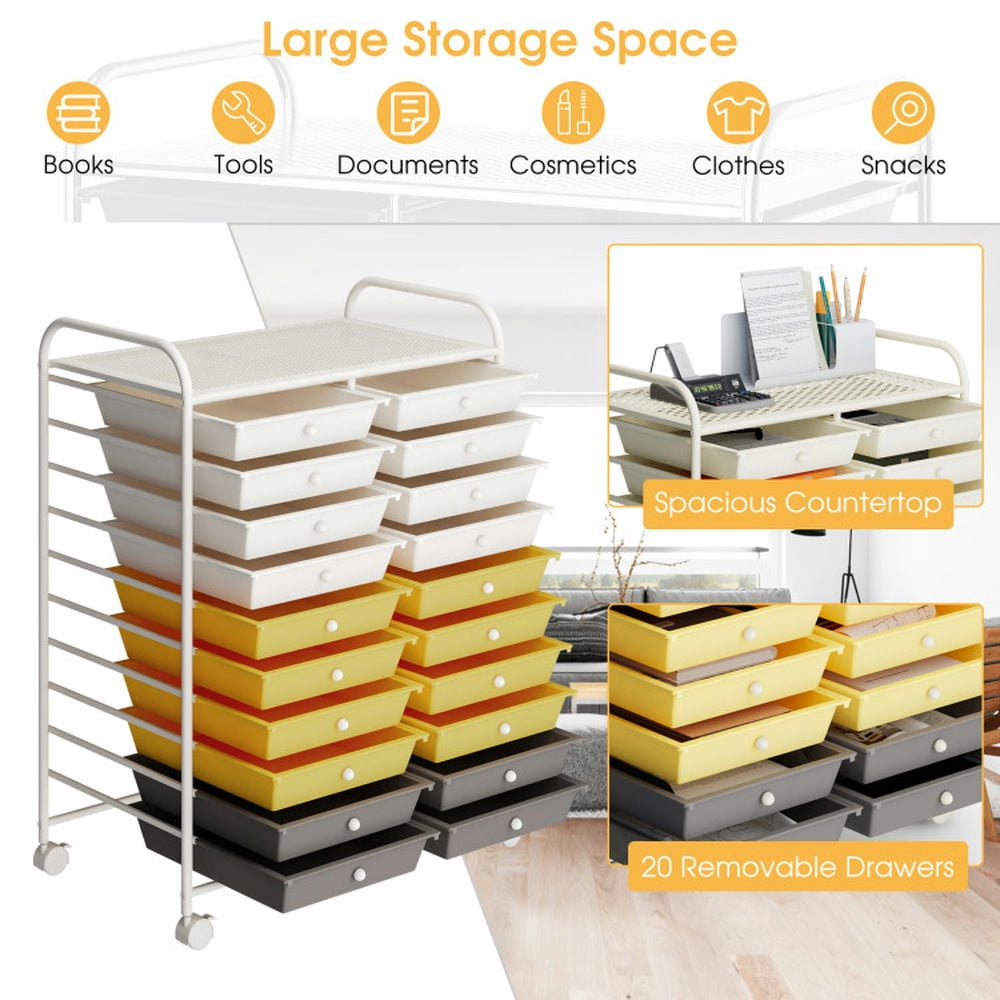 Demi Bonn 20 Drawers Storage Rolling Cart Studio Organizer with 4 Universal Casters, Yellow & Beige & Gray