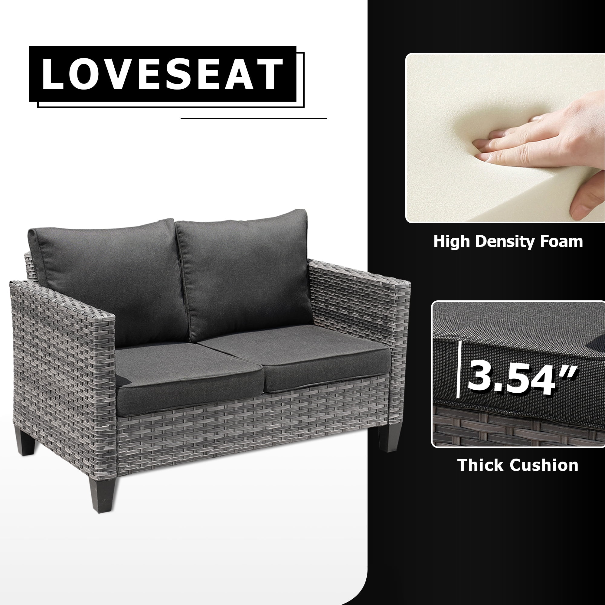 XIZZI Outdoor Furniture 50" Loveseat Sofa Couch with Gray Wicker Rattan(Black Cushion)