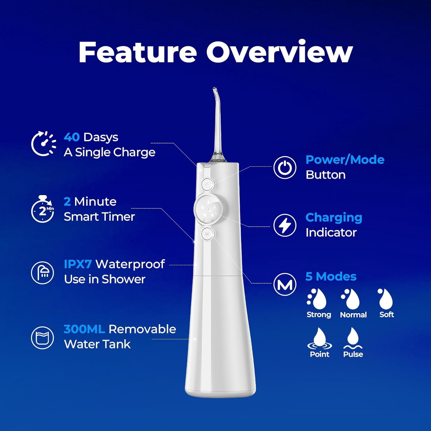 Water Flosser for Teeth Cordless: Professional Oral Irrigator LED Display 5 Modes, 300ML Water Tank, IPX7 Waterproof Electric Tooth Cleaner Picks, Water Floss with 6 Jet Tips for Home Travel