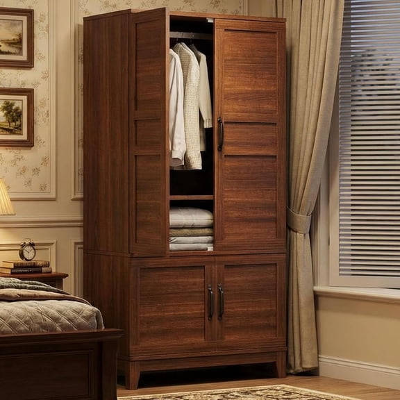 Classic Wooden Armoire Wardrobe Closet, 4 Door Storage Cabinet, 72" Tall, Adjustable Shelf & Hanging Rod, Heavy Duty Bedroom Furniture