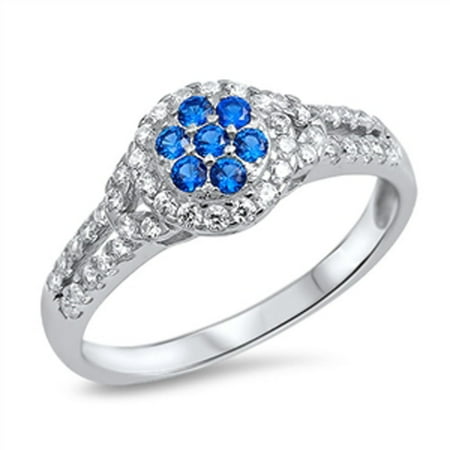 Blue Simulated Sapphire Flower Cluster Wedding Ring ( Sizes 5 6 7 8 9 10 ) New .925 Sterling Silver Rings by Sac Silver (Size 5)