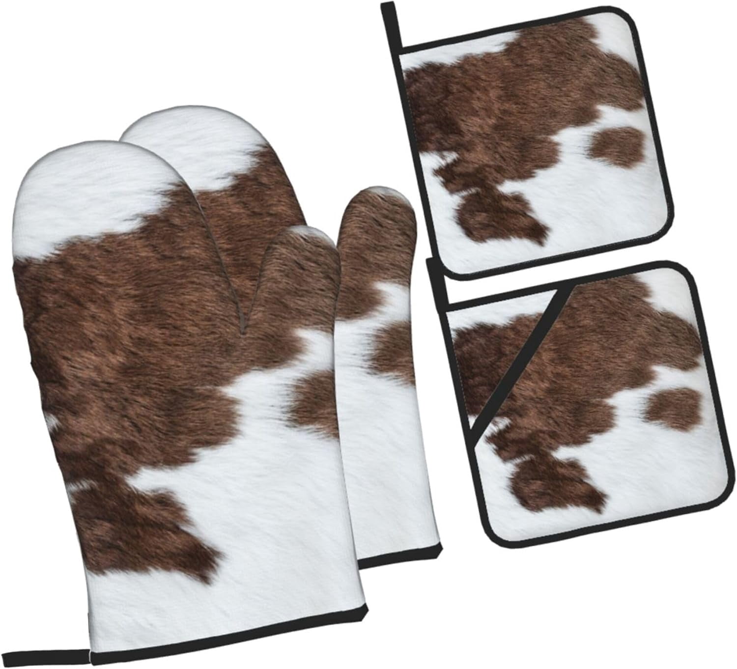 Brown Cowhide Oven Mitts and Pot Holders Set of 4 Cow Skin Pattern Mittens Potholders Heat Resistant Vintage Cow Bull Fur Animal Glove Pot Holder for BBQ Cooking Baking Grilling Kitchen Accessories