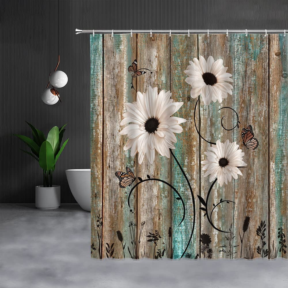 Daisy Shower Curtain Rustic Farm Style Antique Wood Board Butterflies