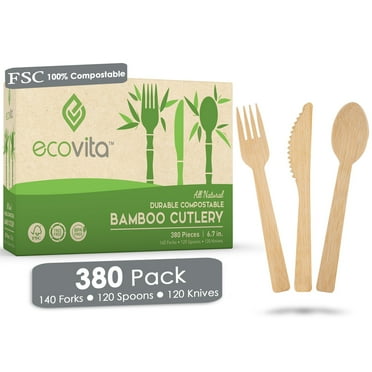 100% Bamboo Compostable Forks Spoons and Knives - 380 Piece Eco Cutlery Combo Set - Eco Friendly Alternative to Wooden Utensils | Ecovita