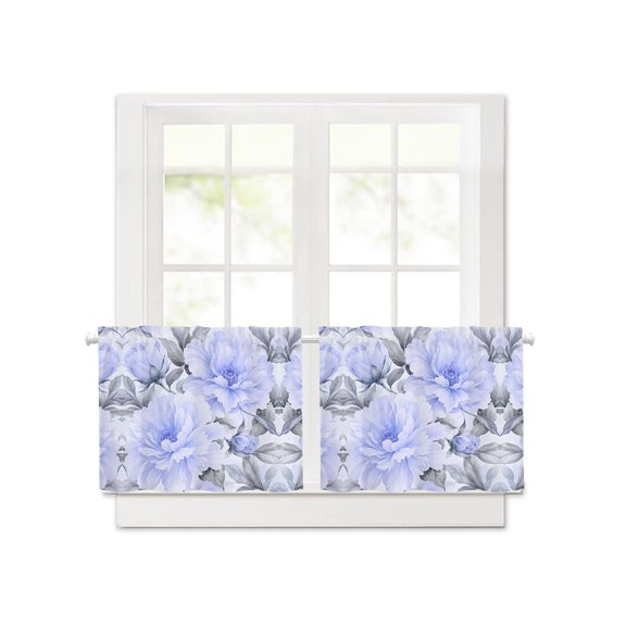 Watercolor Blue Peonies Short Blackout Curtains 24 Inch Long,Farm Floral Art Rod Pocket Kitchen Curtains,2 Panels Thermal Insulated Room Darkening Drapes for Bedroom,30"Wx24"L