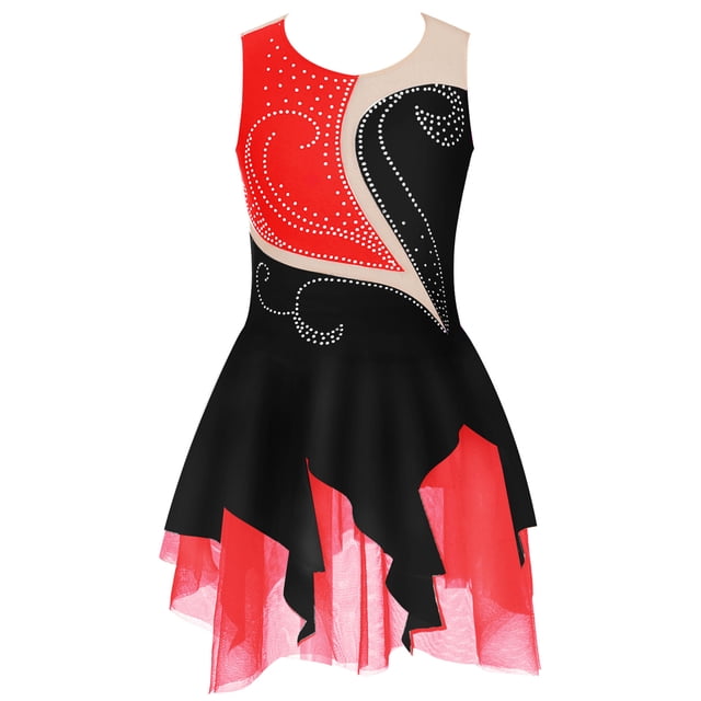 Jhaoyu Robe de Patinage à Glace Sans Manches pour Filles avec Strass Scintillants Robe de Danse Ballet Gymnastique Noir&Rouge 8