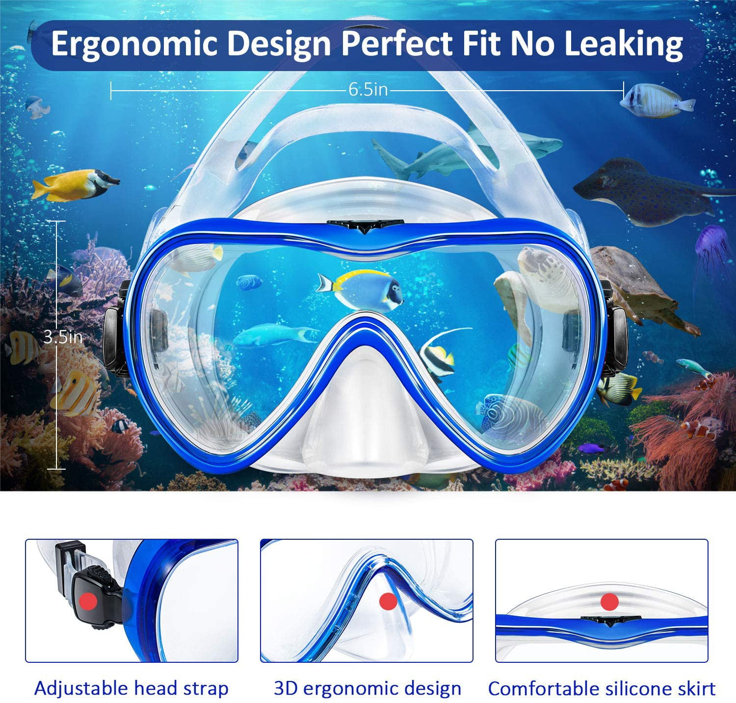 Anti-Fog Snorkel Mask with Impact Resistant Panoramic Tempere Breath Dry Diving 