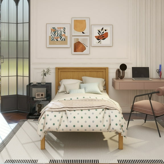 Platform Bed Frame with Headboard , Wood Slat Support , No Box Spring Needed ,Twin,Oak