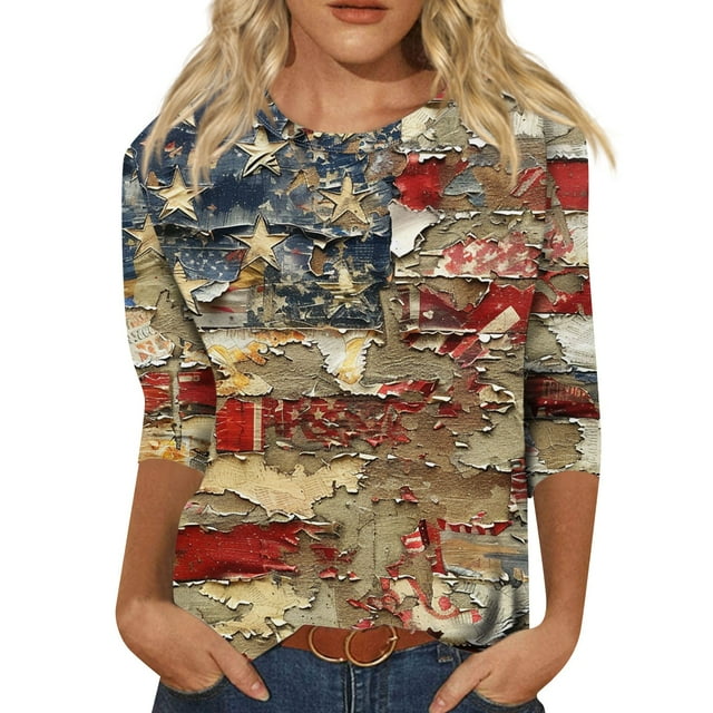 Hauts à Col Rond à Manches 3/4 pour Femmes CHOII Women'S Summer Tops 2024 Chemise pour Femmes à Manches Raglan Décontractées Col Rond T-Shirt Imprimé à Manches Longues pour Femmes Tops d'Entraînement de Grande Taille pour Femmes sur Dégagement