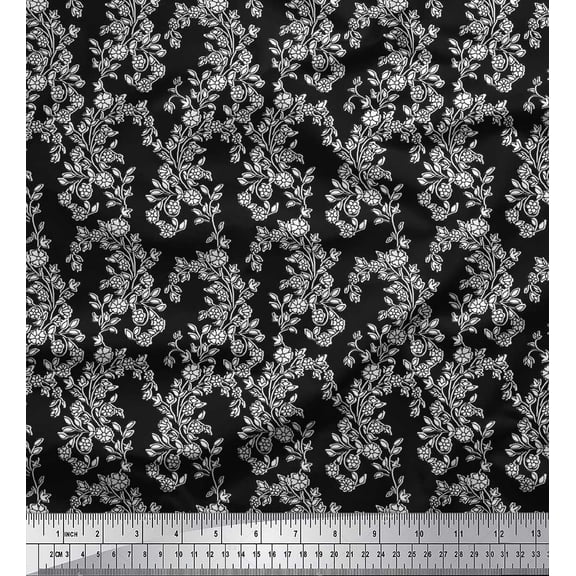 Soimoi Crepe Silk Fabric Leaves & Floral Block Decor Fabric Printed Yard 42 Inch Wide