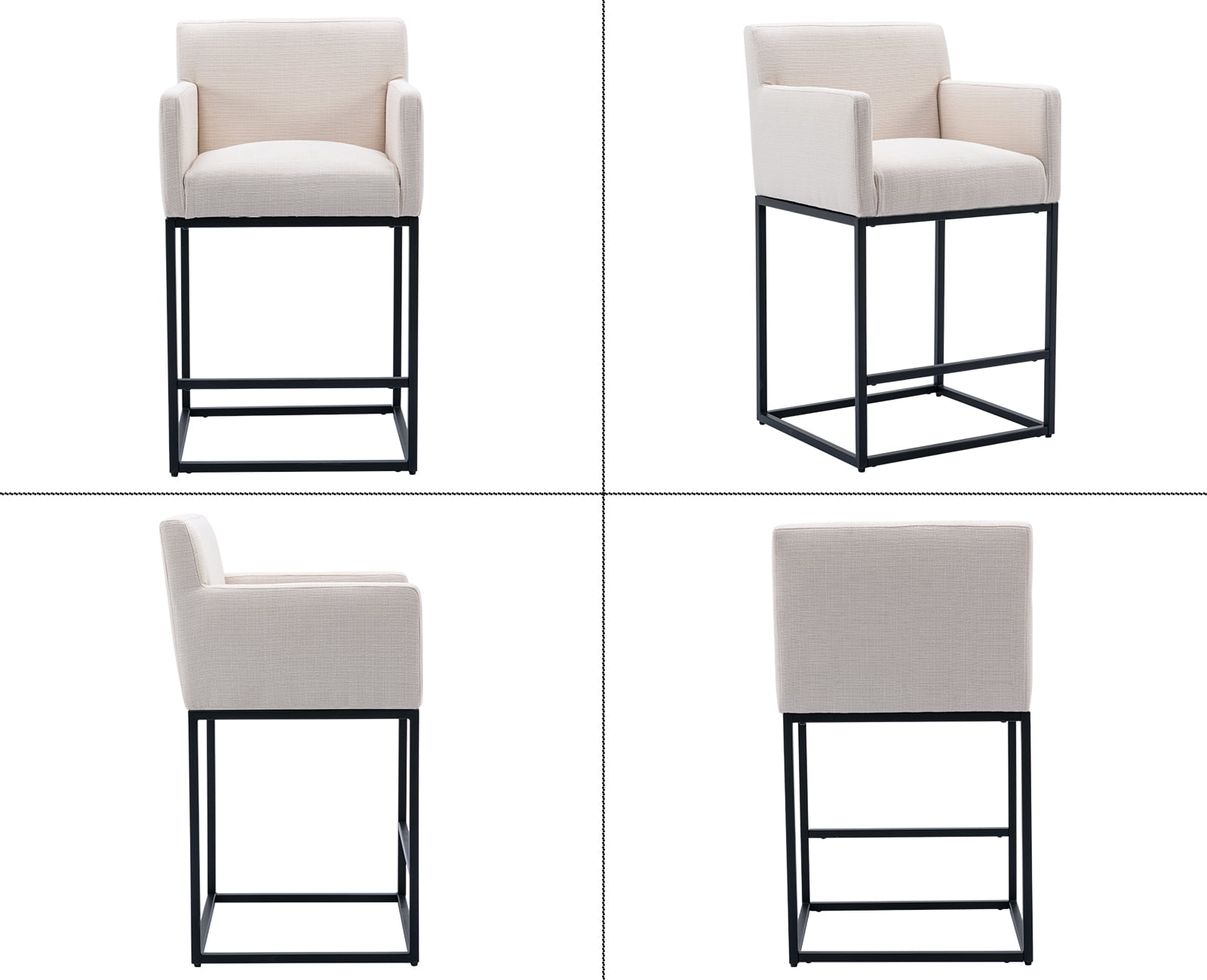 Guyou 26.75" Modern Bar Stools Set of 2, Linen Upholstered Counter Height Bar Stool with Back and Arms, Kitchen Island Stool with Black Metal Frame for Home Bar Restaurant, Cream