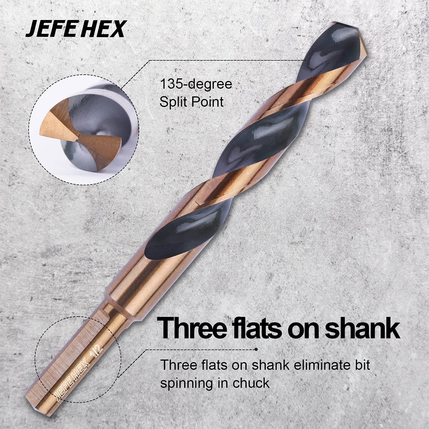 JEFE HEX 1/2" Dia. 5" OAL , 3-Flat Shank HSS Twist Drill Bit, Black and Gold Finish, 135 Degree Split Point (6-Piece)