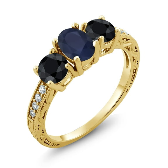 Gem Stone King 2.50 Cttw Blue and Black Sapphire and White Moissanite 18K Yellow Gold Plated Silver Ring for Women | Gemstone Birthstone (Size 8)