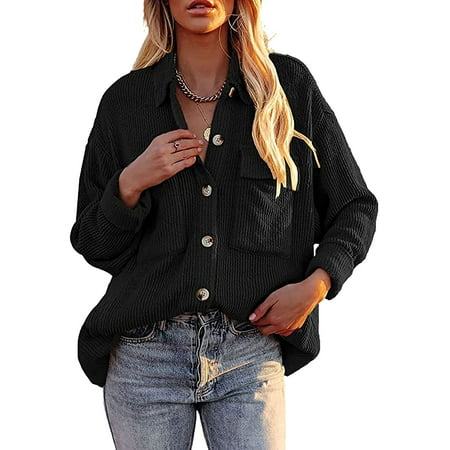 Women Corduroy Oversized Long Sleeve Button Down Shirt Jacket Tops Shacket