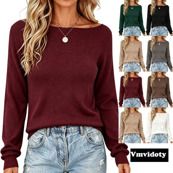 Fall Top for Women Crew Neck Long Sleeve Casual Knit Lightweight Pullover Fashion Clothes 2026 Wine 2XL
