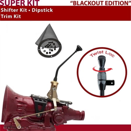American Shifter AOD Shifter Kit 10 in. Trim Kit Dipstick Black Push Button Gray Boot Ringed Knob for D76AB
