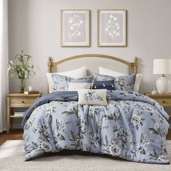 King Size Bed In A Bag, 7PCS Cal King Vintage Floral Comforter Set, Blue Cotton Bedding Set,Cotton Bed Sheet Set, Household Supplies & Décor Bedding Bedding Sets