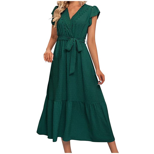 Robe d'Été avec Manches pour Femmes Robe en Dentelle Col en V Nouée Manches Volantes en Chiffon