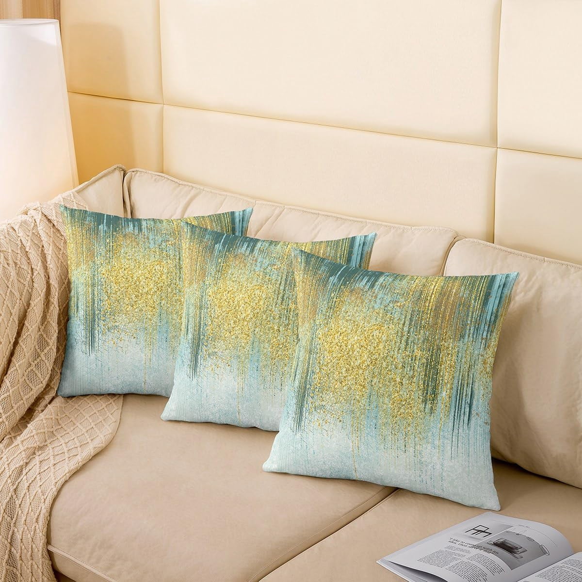 Green Teal Golden Reversible Throw Pillow Covers 20 x 20-Inch Kids Stripes Pillow Covers Home Decor for Boys Geometric Abstract Art Square Cushion Covers Set of 4 Modern Art