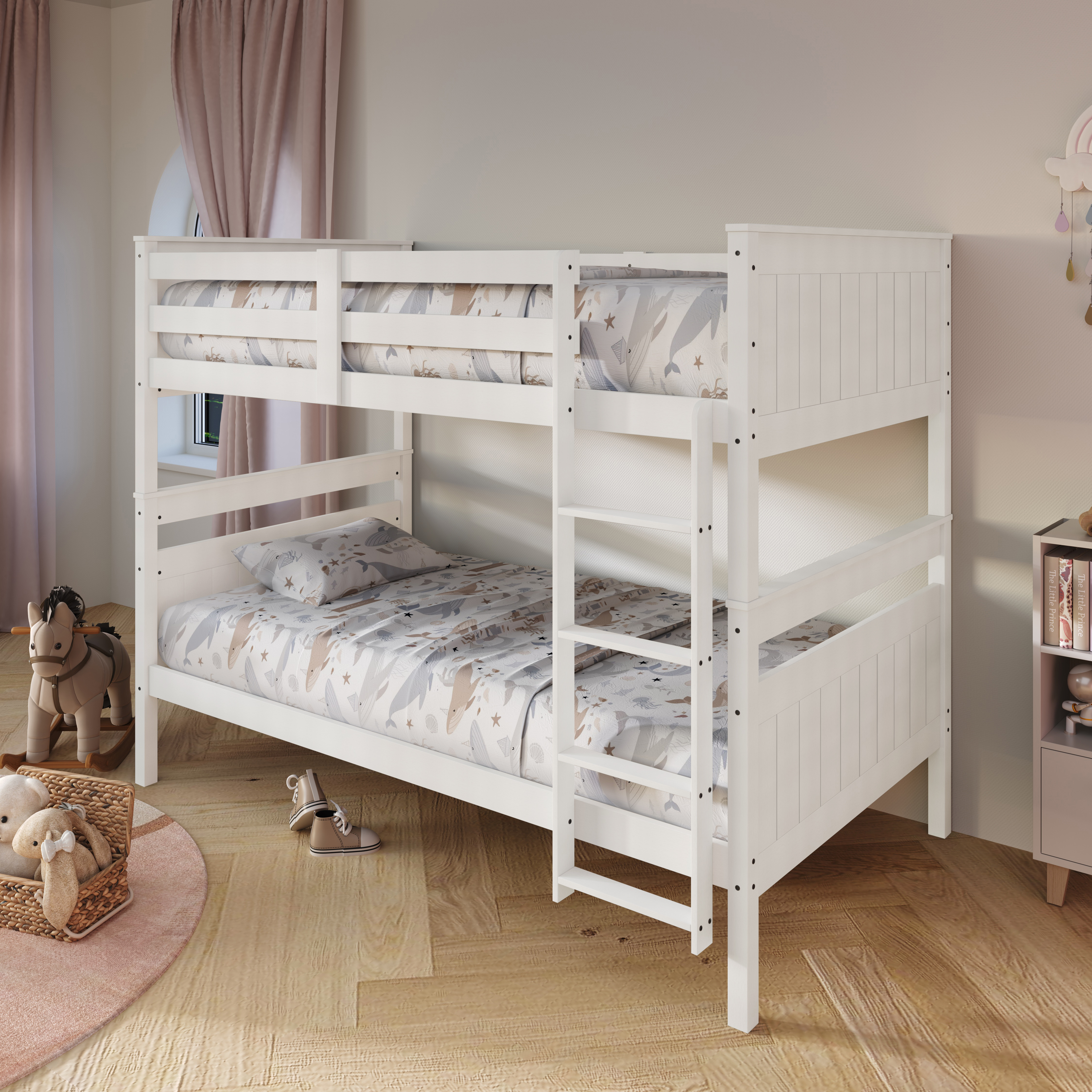 Home Design Lorain Twin Over Twin Solid Wood Bunk Bed with Sturdy Guardrails and Ladder, White, Easy Assembly