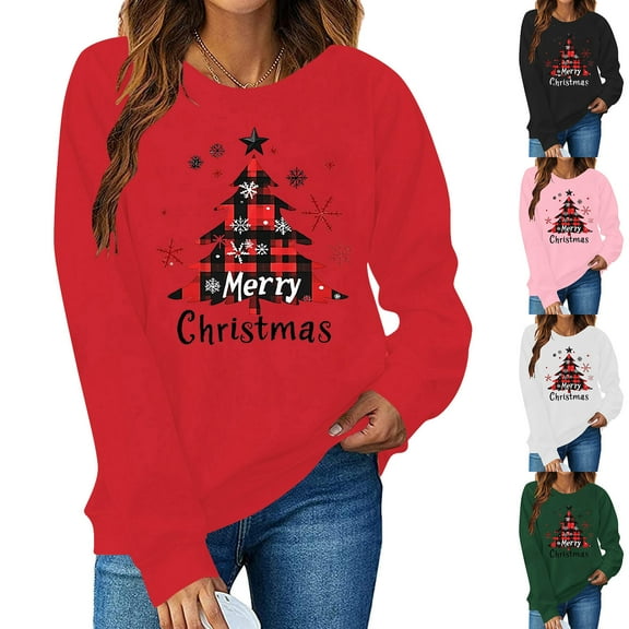 Cadancy Merry Christmas Sweatshirts for Women Plaid Xmas Tree Funny Print Pullover Tops Loose Crew Neck Long Sleeve Holiday Shirts Winter Vacation Party Outfits 2025
