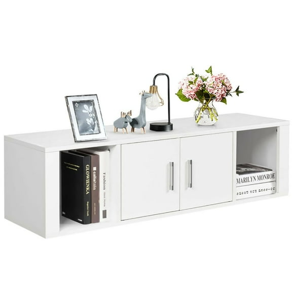 YYAo TV Stand, Television Console Table,Entertainment Center,Wall Mounted Floating 2 Door Desk Hutch Storage Shelves-White