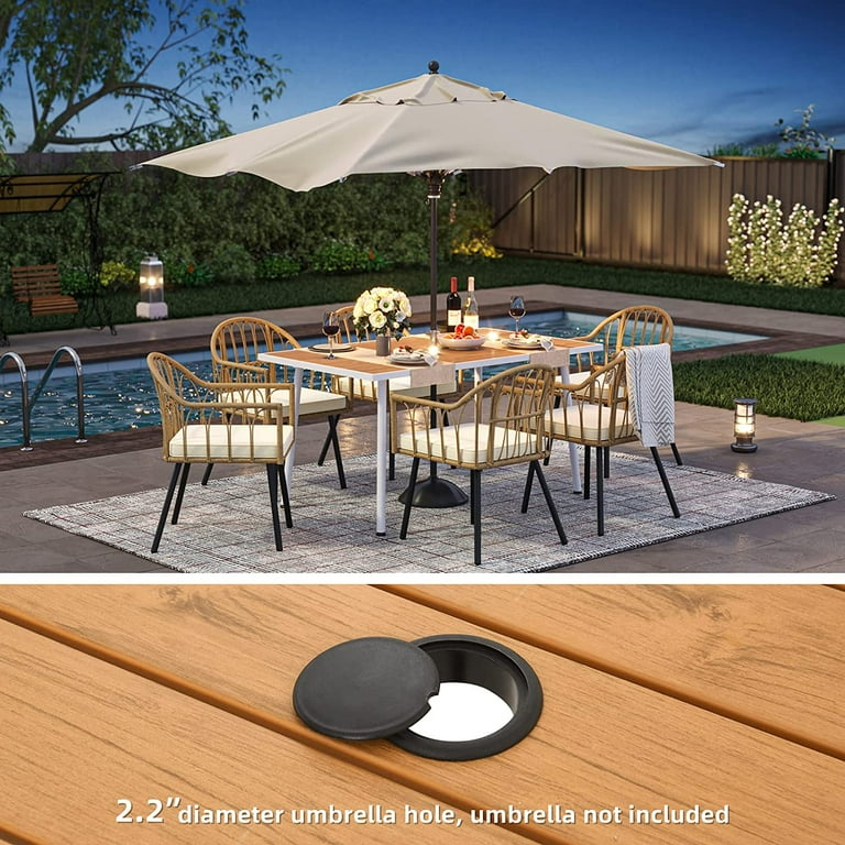 DWVO 7 Pieces Outdoor Patio Dining Table Set Rattan Wicker Patio Dining Chair Table Set with Umbrella Hole for 6 People for Patios Backyard