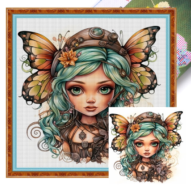 Hilo Algodón Bordado Punto Cruz Mariposa Y Niña 11CT 50x50cm