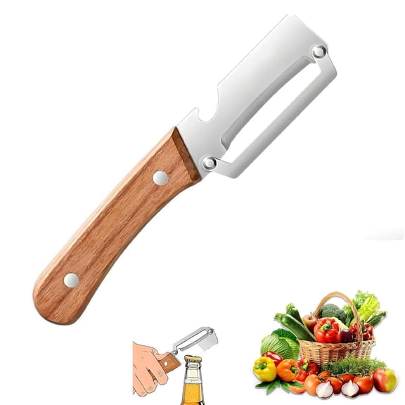 MultiFunctional Vegetable Peeler for Kitchen,Multifunctional Vegetable Peeler with Wooden Handle and Bottle Opener,2-in-1 Stainless Steel Kitchen Tool for Fruit Apple Potato Pumpkin Papaya