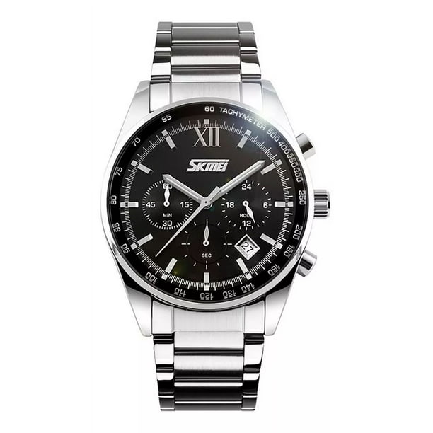 Reloj pulsera Skmei 9096 con correa de acero inoxidable color plateado - fondo negro - bisel negro/plateado