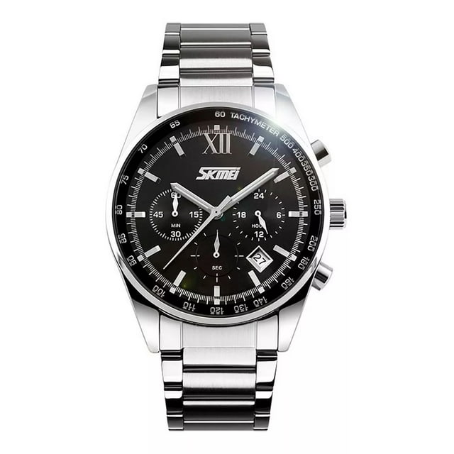Reloj pulsera Skmei 9096 con correa de acero inoxidable color plateado - fondo negro - bisel negro/plateado