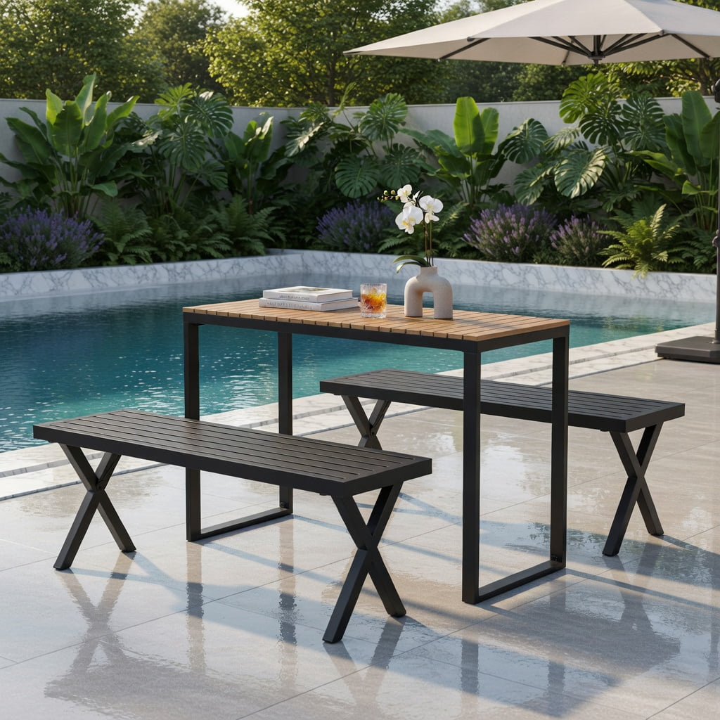 Hommoo Heavy-Duty Metal Patio Bench with Slatted Seat & X-Frame Design, 54" Outdoor Bench for Backyard, Garden, Entryway, Black