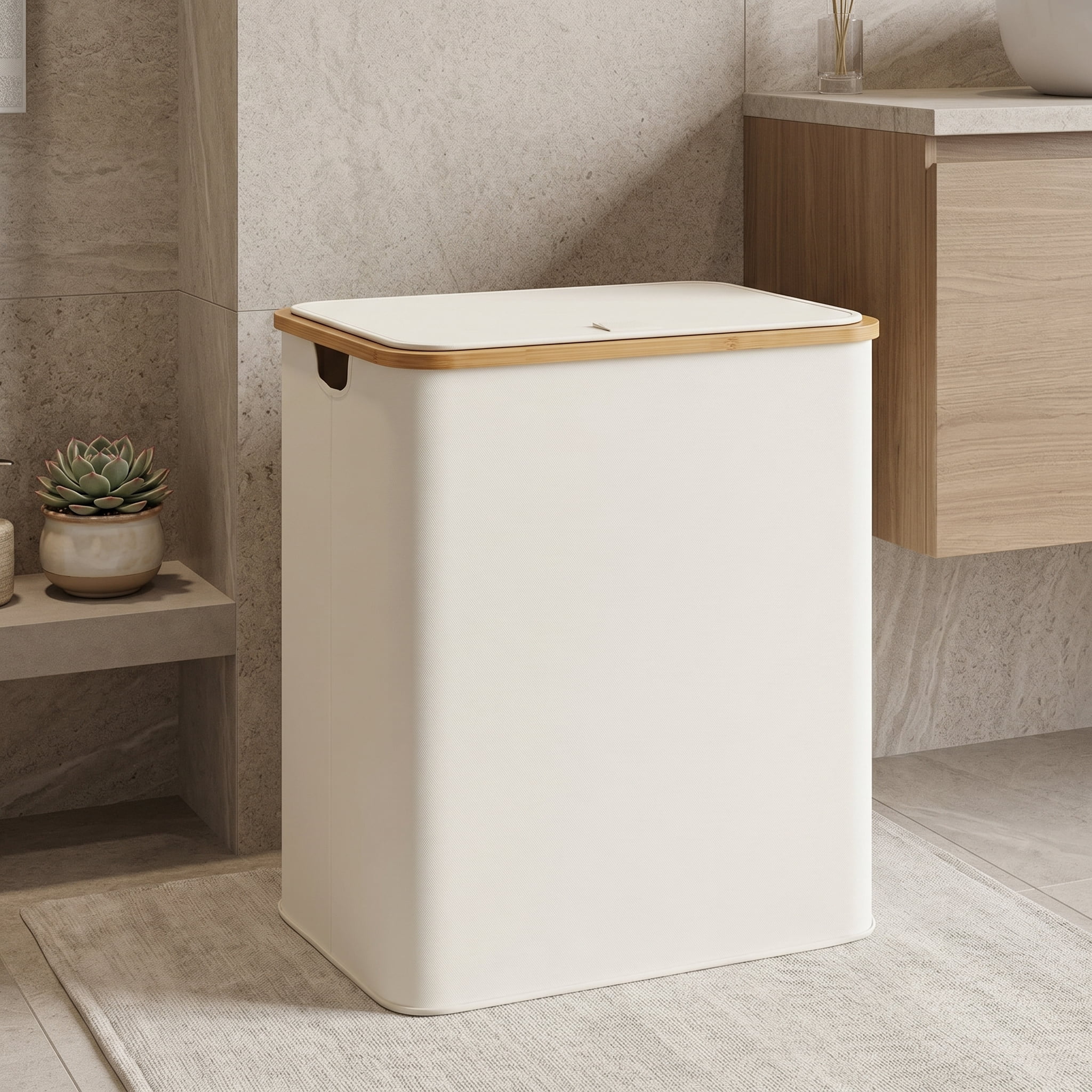 Laundry Hamper with Lid, Double Laundry Hamper with 2 Removable Bags, 2 Section Laundry Basket with Bamboo Handles for Bathroom, Bedroom & Laundry Room, 140L (36.9 Gallon) Beige
