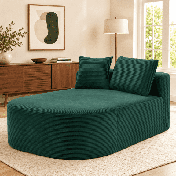 UHOMEPRO 67.5" Oversized Chaise Lounge Sofa, Green Corduroy Boneless Couch with Deep Wide Seat and High-Resilience Support, Floor Sofa Bed with 2 Pillows, No Assembly
