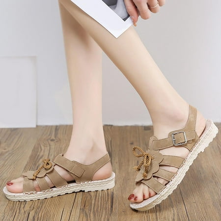 

Cathalem Dressy Sandals for Women Low Heel Fashion Summer Women Sandals Thick Sole Flat Solid Color Knot Buckle Roman Style Sandal Khaki 7.5