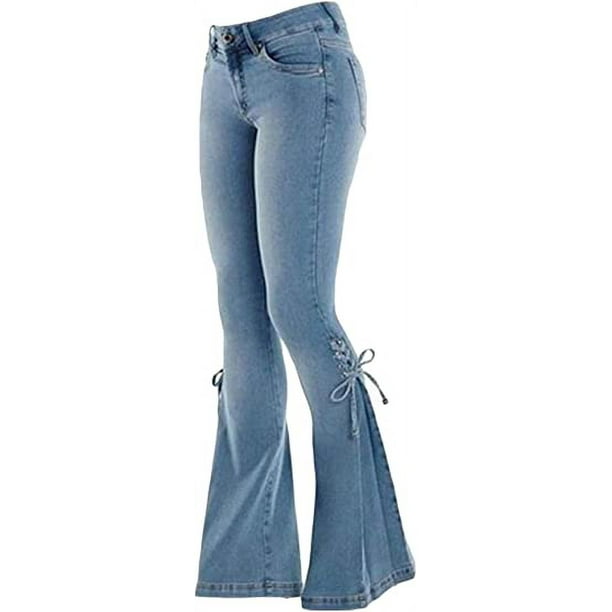 Women Mid Rise Wide Leg Lace Up Flare Jeans Bootcut Fit Pants With Pockets  L 