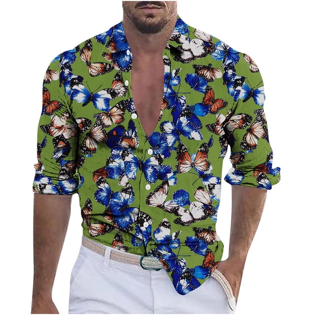 Blusa y camisa de manga larga con cuello vuelto para hombre, informal, a la moda, con botones, estampado, de poliéster