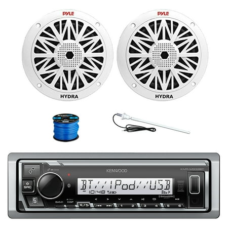 Kenwood KMR-M332BT Single DIN Marine USB Bluetooth AM/FM Receiver, 2x 6.5'' 200 Watt 2-Way Full Range Outdoor Speakers with Wire, Long Range Radio Antenna