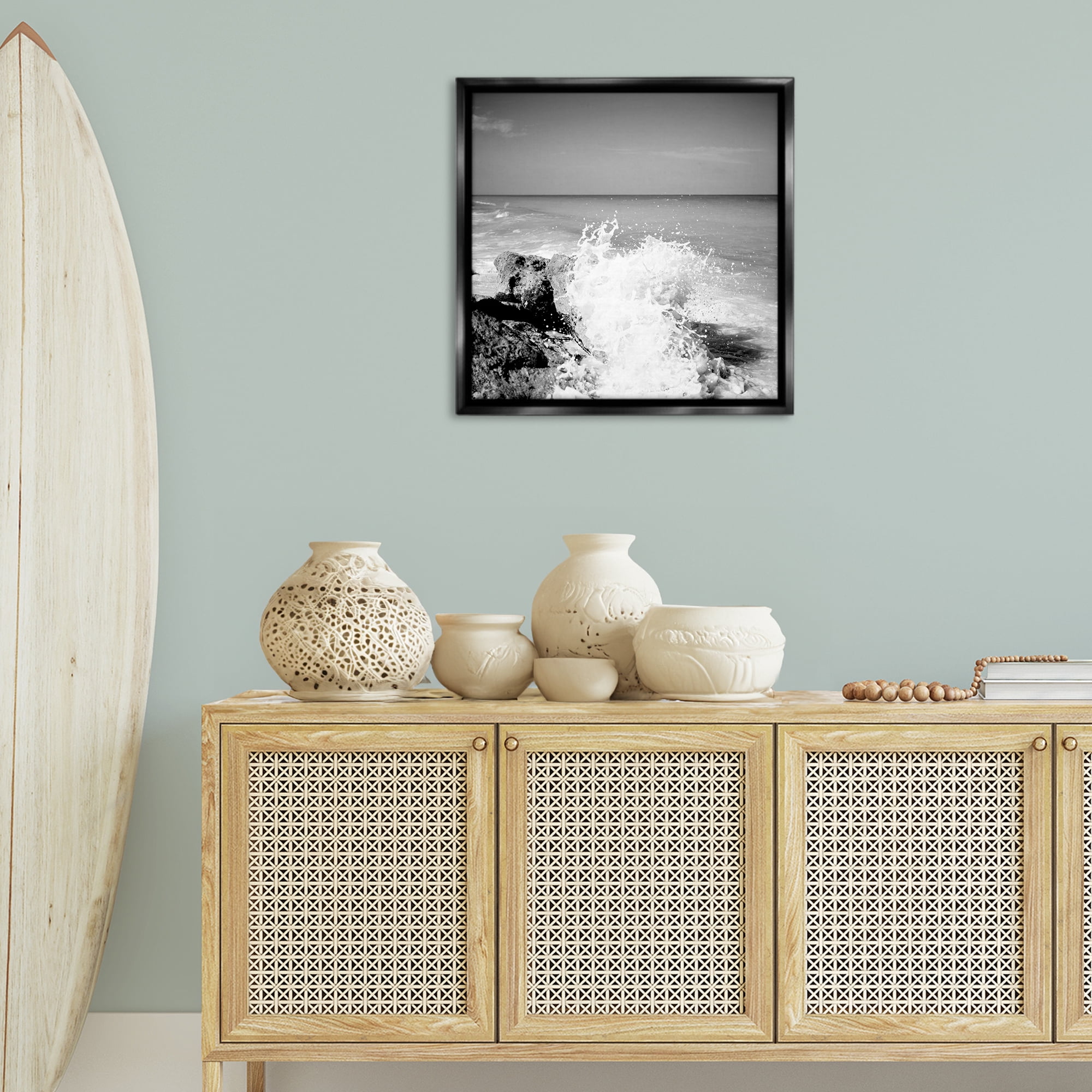 Stupell Industries Splashing Rough Waters Coastal Photography Black Floater Framed Canvas Art Print Wall Art, 25 x 25