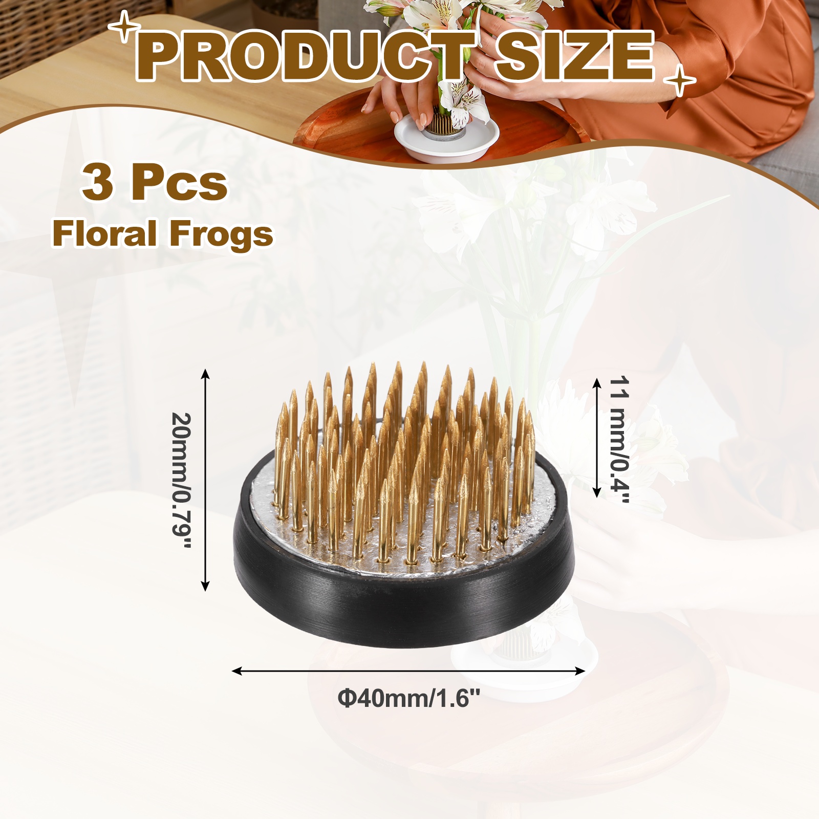 Uxcell 3 Pcs Floral Frogs Kenzan, 1.6 Inch Round Brass Flower Arrangement Holder, Arranger Pin Fixed Tool for Vase Centerpiece, Wedding, Home Decoration, Brass Color