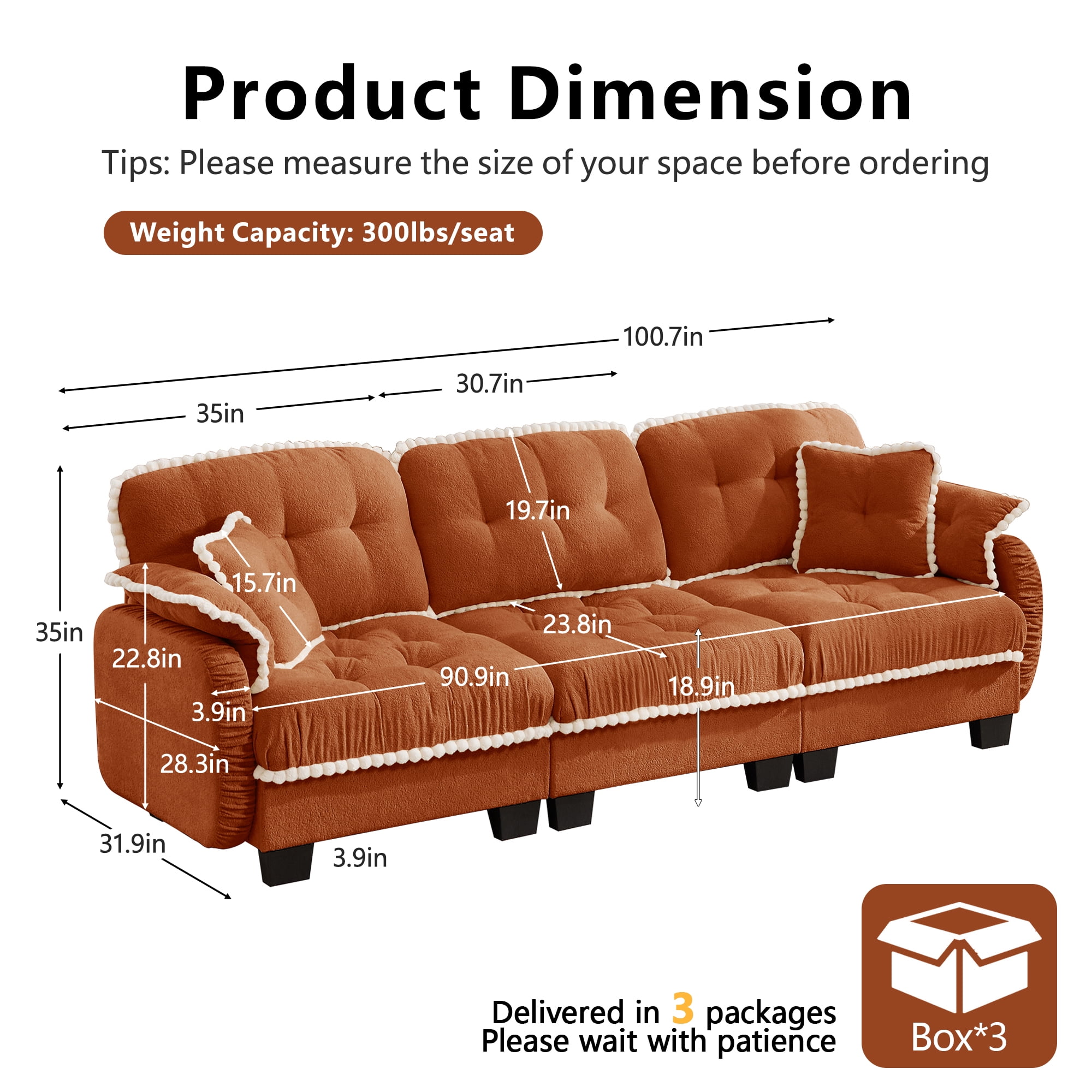 Anpport 100" Chenille Cloud 3‑Seater Sofa with 4 Pillows, Pom‑Pom Trim, Quilted Tufted Ergonomic, Easy Assembly Deep Seat for Living Room Apartment, Orange