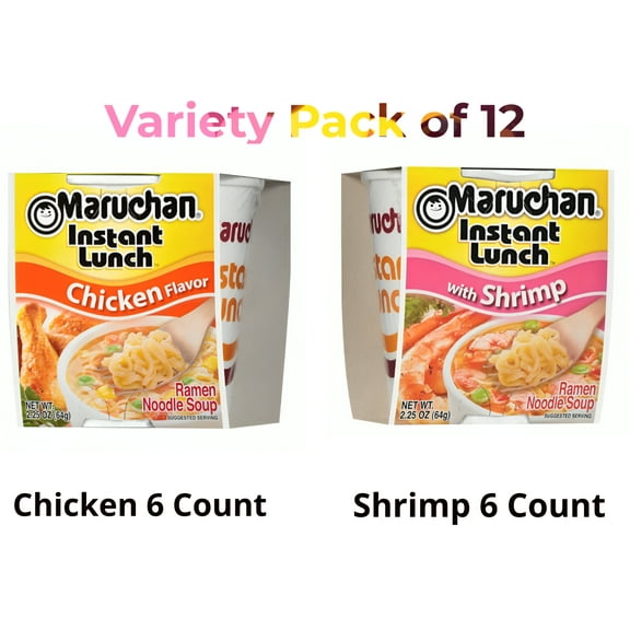 Maruchan Instant Lunch Ramen Noodles 6-Pack Combo Chicken & Shrimp Flavors, 2.25 oz (Total 12 Cups)