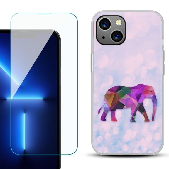Slim-Fit Gel TPU Phone Case for iPhone 14, with Tempered Glass Screen Protector, by OneToughShield ® - Elephant /Polygon
