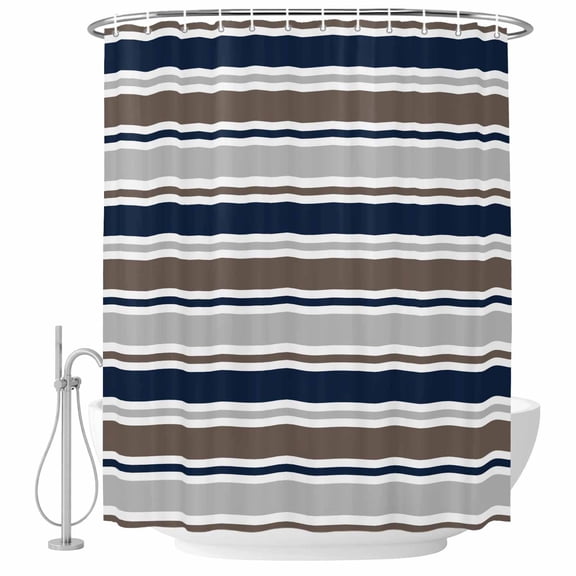 Minimalist Stripes Bathroom Shower Curtains with Hooks, Navy Blue Brown Grey Horizontal Stripe Modern Waterproof Fabric Washable Shower Curtain for Home Hotel Bathtub Decor 36x72 Inch