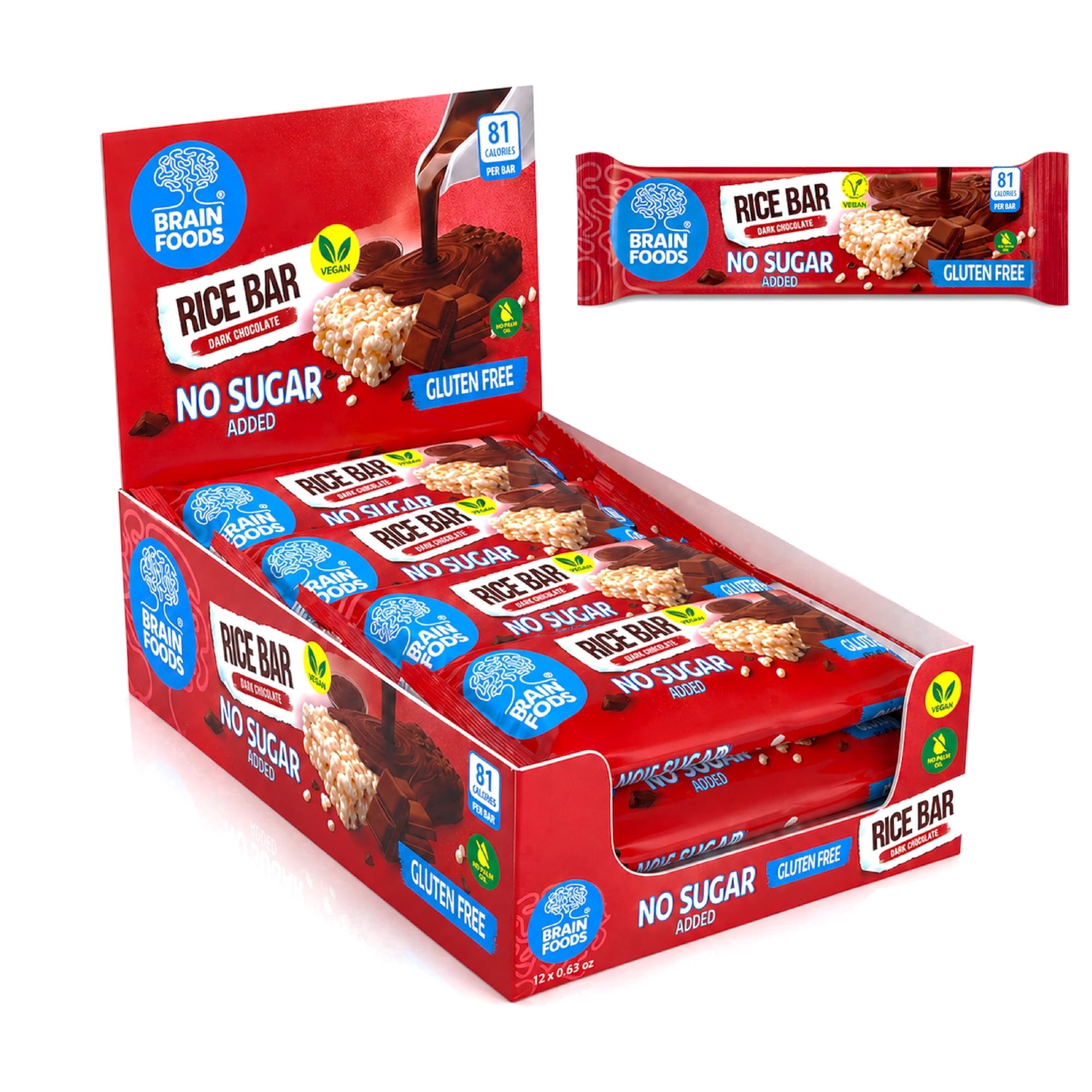BRAIN FOODS Rice Bar - Dark Chocolate- Gluten-Free Vegan No Sugar Added No Palm Oil .63 oz 81 Calories