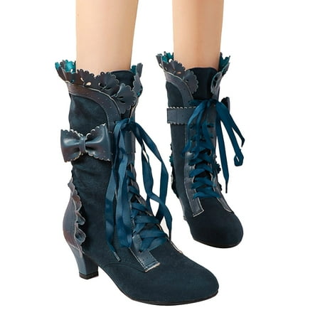 Oyedens Mid Calf Combat Boots for Women Vintage Kitten Heels Lace Dress Boots Winter Shoes
