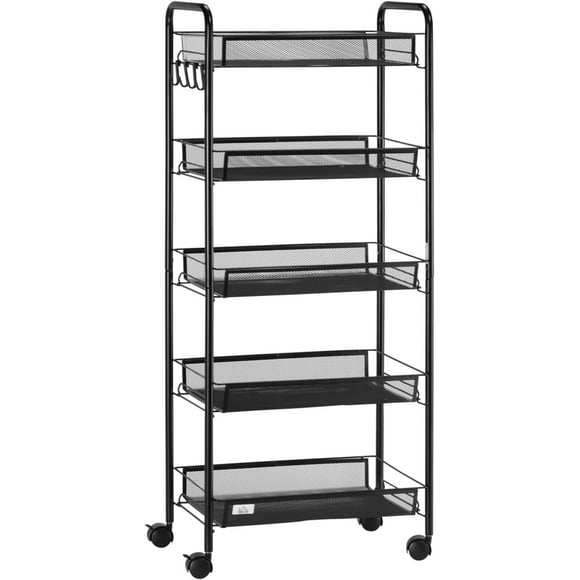 5 Tier Rolling Storage Cart with Removable Mesh Baskets | Kitchen Utility Cart | Black